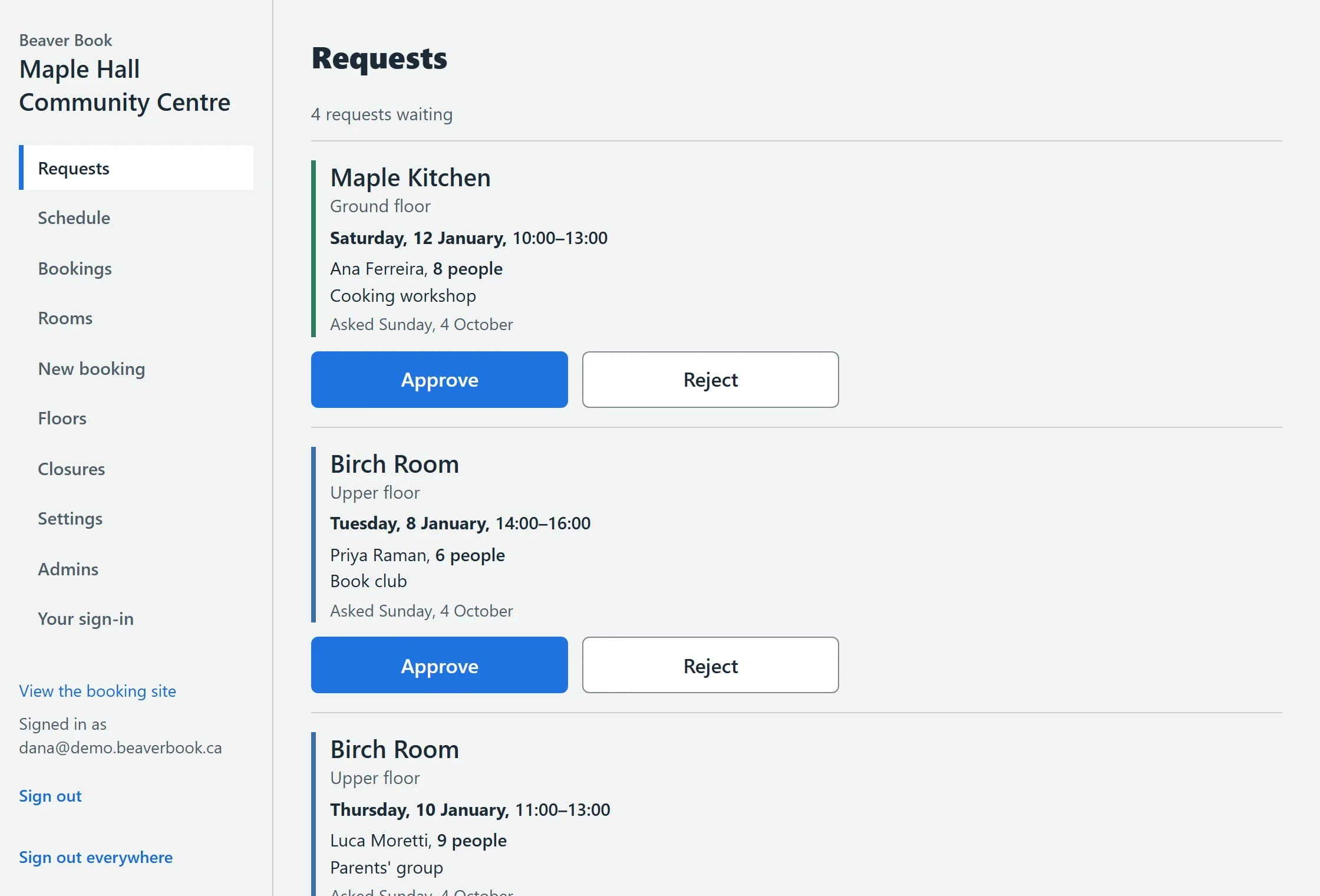 The admin's requests list with Approve and Reject buttons
