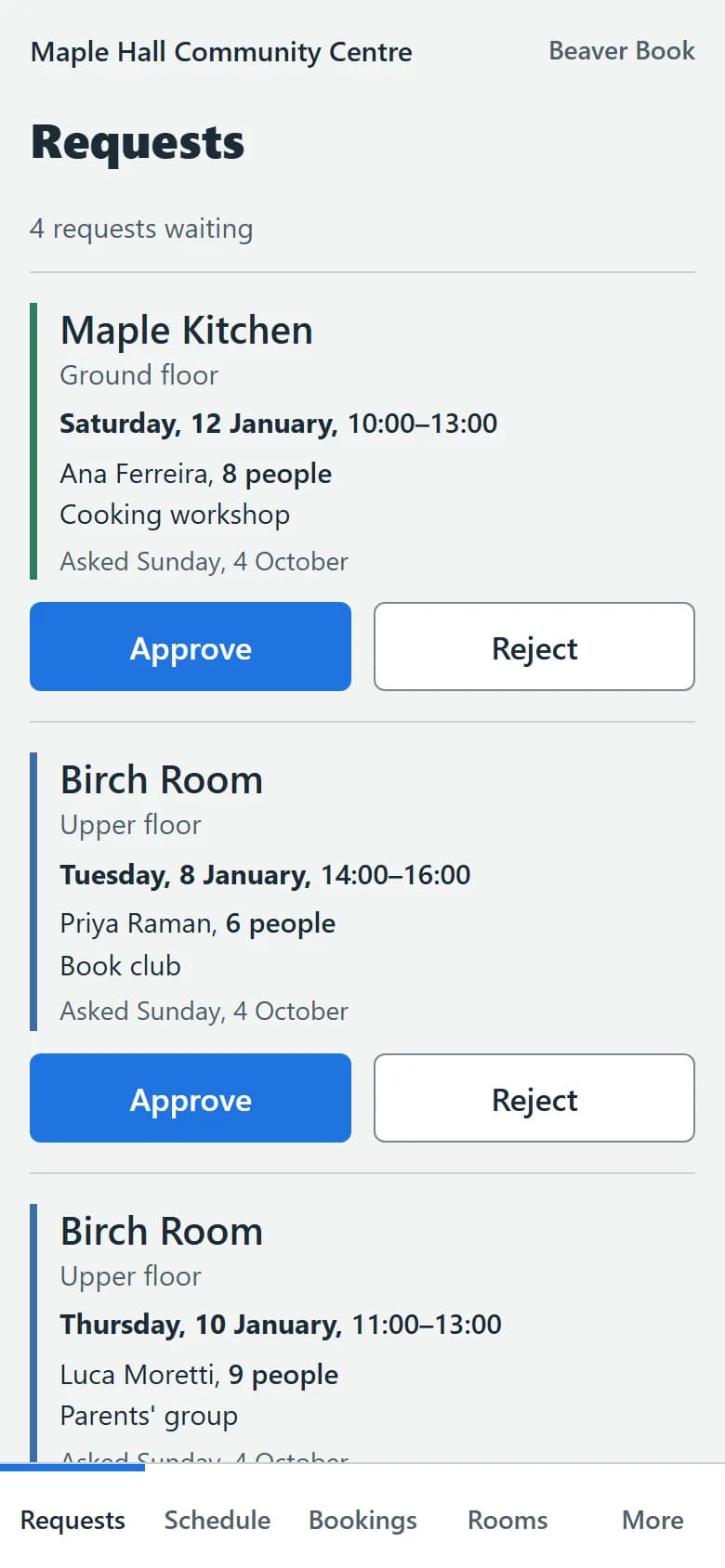The admin's requests list on a phone